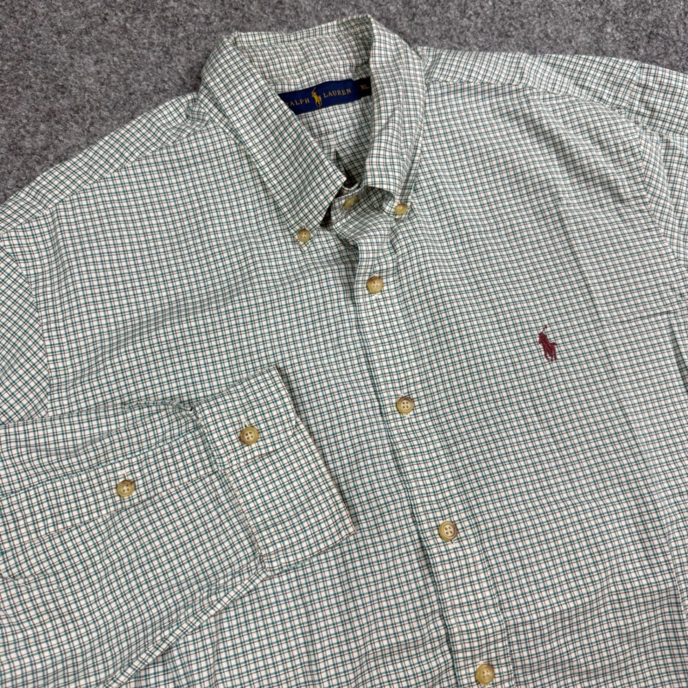 Polo Ralph Lauren Button Down Shirt Mens XL Green White Check Cotton Long Sleeve